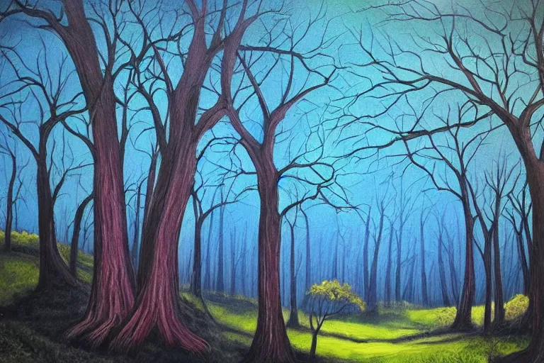 Prompt: masterpiece painting of oak trees on a hillside overlooking a creek, dramatic lighting, by kelly mckernan