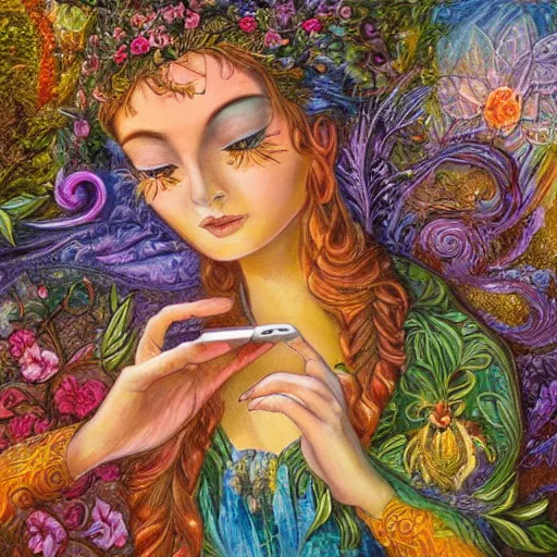 Image similar to a nature goddess checking her cell phone by senior concept artist josephine wall, acrylic on canvas, intricately detailed