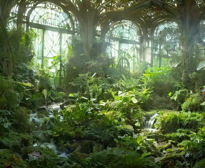 Image similar to transparent clear see - through picture of bacteria, lush botany, orchids, ferns, garden environment, ultra realistic, concept art, art nouveau, photorealistic, octane render, 8 k, unreal engine. art by gustave dore and nori inoguchi and sam kaplan and zachary goulko and christopher marley and artgerm and alphonse mucha