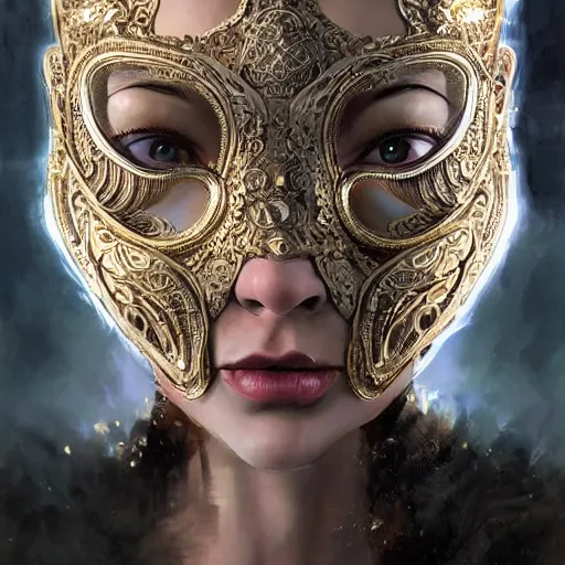 Image similar to Very very very very highly detailed epic photo of face with venetian mask, intricate, dystopian, sci-fi, extremely detailed, digital painting, artstation, concept art, smooth, sharp focus, illustration, intimidating lighting, incredible art by Artgerm