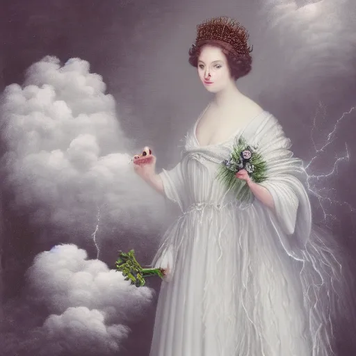 Prompt: meredit frampton a queen with a white large magnificent more and more vaporous ,wrapped ,hight decorated,detailed ,white roses cotton dress shooting surrounded by a bouquet of abstract white flowers and clouds during lightning storm ,surrealism 8k