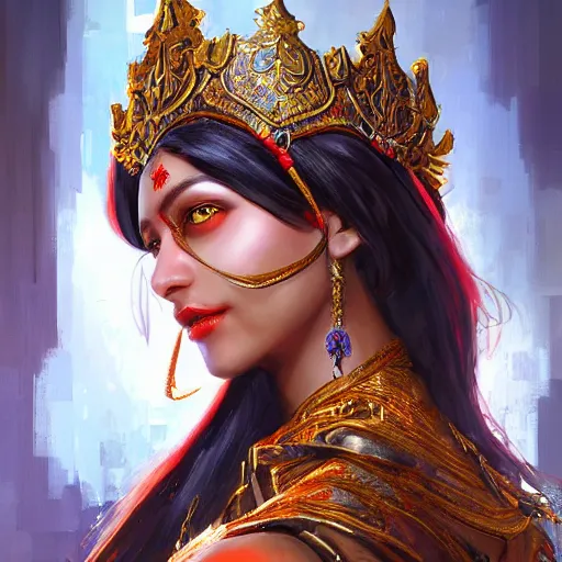 Image similar to A portrait of a cybernetic royal dark baroque indian tribal gamer girl. , trending on artstation, digital art, by Stanley Artgerm Lau, WLOP, Rossdraws, James Jean, Andrei Riabovitchev, Marc Simonetti, Yoshitaka Amano