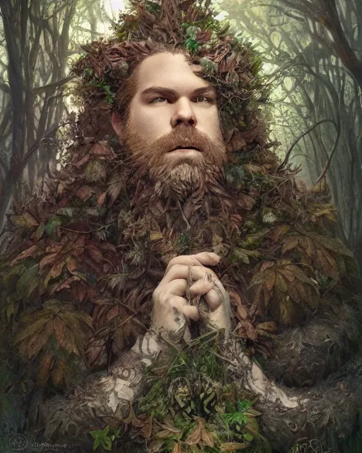 Image similar to patrick rothfuss as a forest druid with antlers and leaves in his beard, dreamy and ethereal, fantasy, intricate, elegant, highly detailed, digital painting, artstation, concept art, smooth, sharp focus, illustration, art by artgerm and greg rutkowski and donato giancola