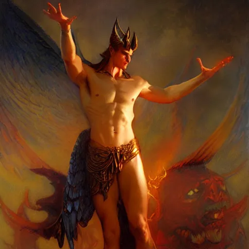 Image similar to attractive male lucifer morning star casting a spell summoning male demons. highly detailed painting by gaston bussiere, craig mullins, j. c. leyendecker, 8 k