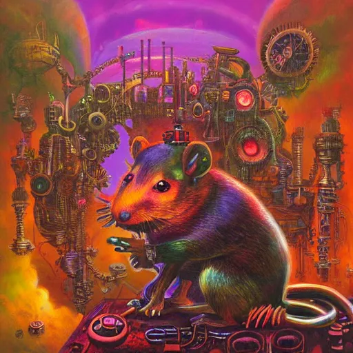 Image similar to steampunk rat, acid, 303, psychedelic, by paul lehr, cd cover