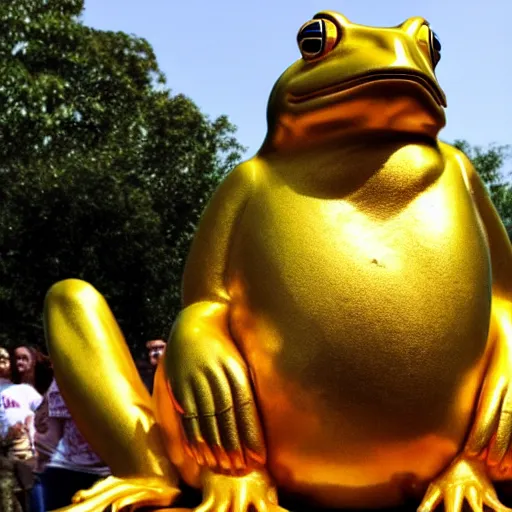 Image similar to people worship a huge golden frog statue