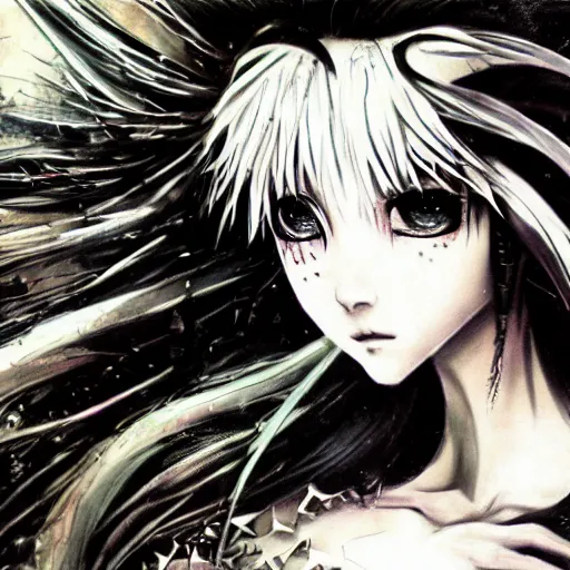 Image similar to yoshitaka amano blurred and dreamy illustration of an anime girl with black eyes, wavy white hair and cracks on her face wearing spiky elden ring armour with the cape fluttering in the wind, abstract black and white patterns on the background, noisy film grain effect, highly detailed, renaissance oil painting, weird portrait angle