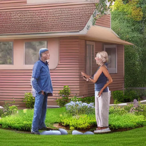 Prompt: a man and a woman around 3 0 years are standing in the backyard of a downtown home. realistic colors, detailed photo 8 k