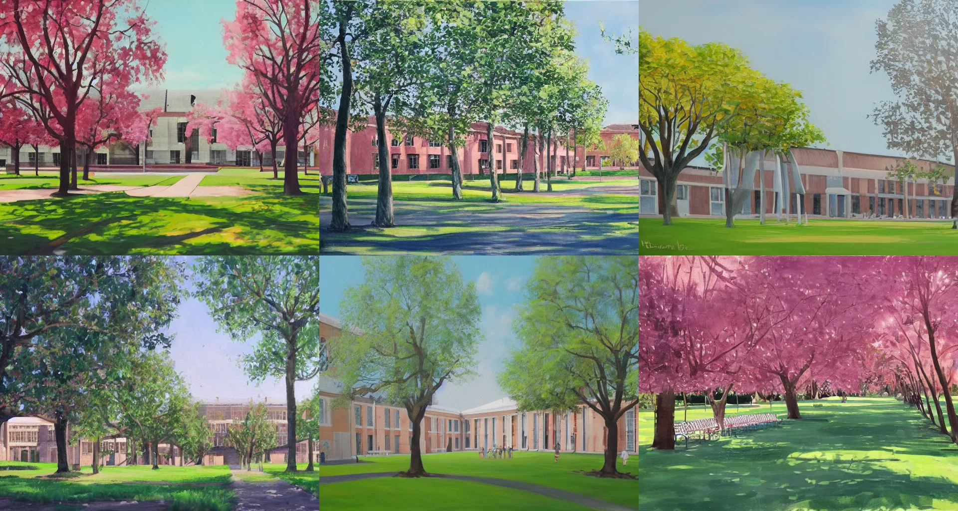 Prompt: a beautiful painting of a big school, with a spacious yard, cosy shade by pink trees, designed by norman foster, trending on artstation