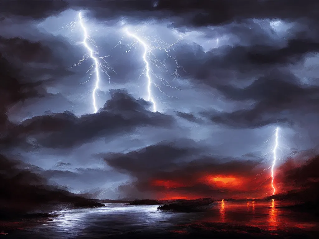 Image similar to a dark storm closes in over a river, lightning and rain, digital painting, fantasy, art by alexandre mahboubi and christophe oliver