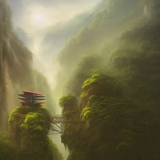 Image similar to An incredible matte painting about an artless painting of a giant autonomous spaceship landing in a misty rainforest, surrounded by mountains and clouds. Featured on artstation The machine in the temple, aztec jade, reflective