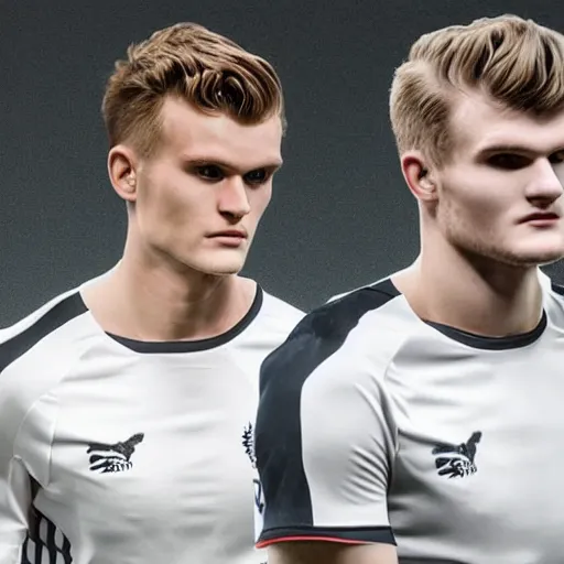 Image similar to a realistic detailed photo of a guy who is an attractive humanoid who is half robot and half humanoid, who is a male android, soccer players martin ødegaard & timo werner, shiny skin, posing like a statue, blank stare, in a factory, on display, showing off his muscles, gold soccer shorts, side view, looking at each other mindlessly