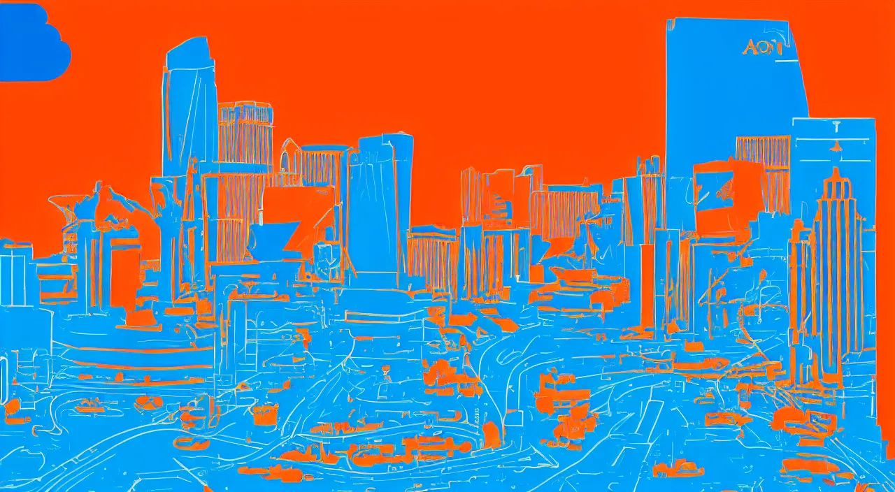 Prompt: axon drawing of las vegas, blue and orange complimentary color scheme, in style vector art style of tom whalen