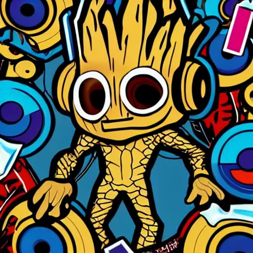 Image similar to svg sticker of a Pop-Wonder Groot-Marvel-Avenger at a rave, spinning records, giant headphones rocking out, wearing headphones, huge speakers, dancing, rave, DJ, spinning records, digital art, amazing composition, rule-of-thirds, award-winning, trending on artstation, featured on deviantart