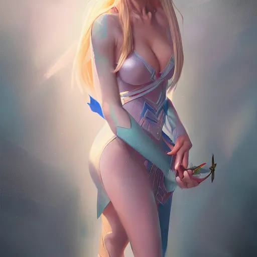 Prompt: a painting of an female elf wearing a skintight dress with blonde hair and blue eyes, an ultrafine hyperdetailed illustration by tooth wu and wlop and beeple and greg rutkowski, trending on artstation, highly detailed, 4 k, 8 k