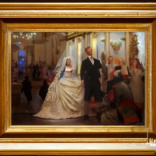 Image similar to painting of prince william marrying attractive marilyn monroe, painting at the victoria and albert museum, highly detailed painting by gaston bussiere, craig mullins, j. c. leyendecker 8 k