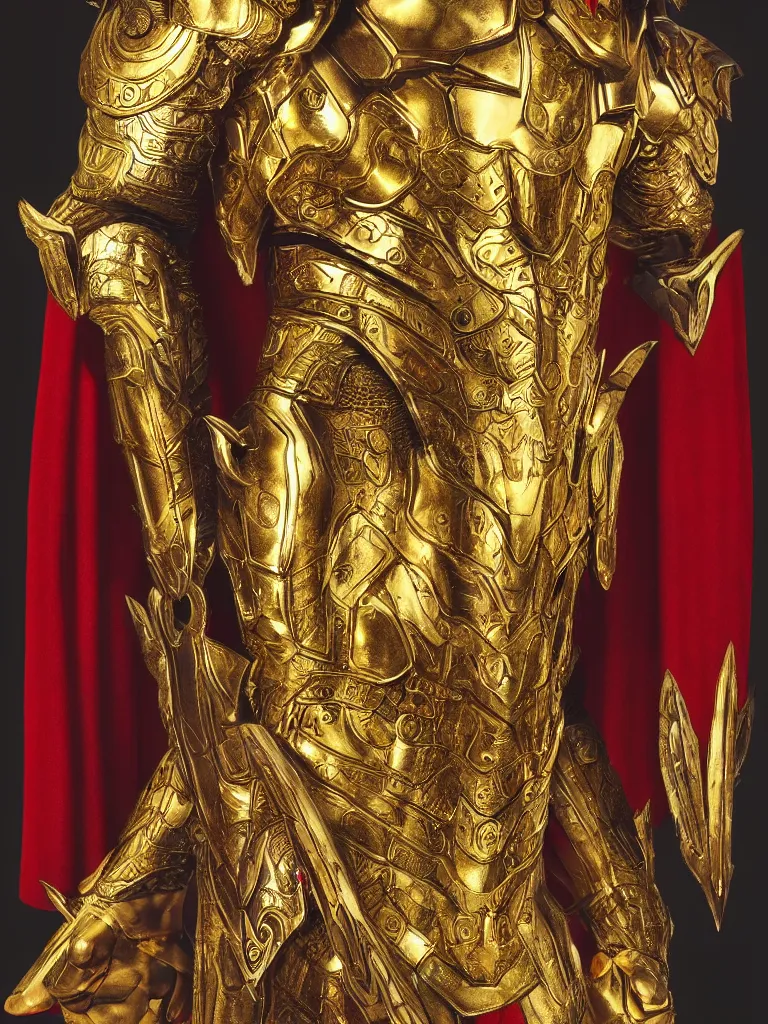 Prompt: Thor in Gold and Red Ornate Armor with Gold Wings, Lightning around the hands and eyes, levitating above the ground, highly detailed, intricate armor, symmetry