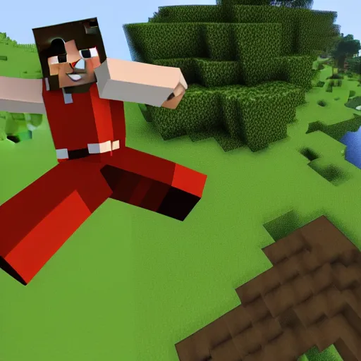 Prompt: minecraft steve jumping into lava holding cow