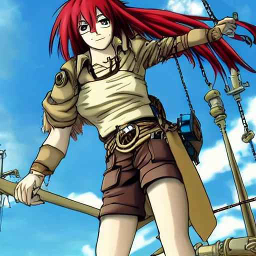 Image similar to sky-pirate with long red hair in front of a steampunk airship, vinland saga, anime style