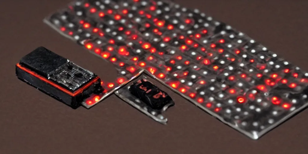 Image similar to faulty smoking wrist band chip with leds and keyboard made by a cyberpunk artificer