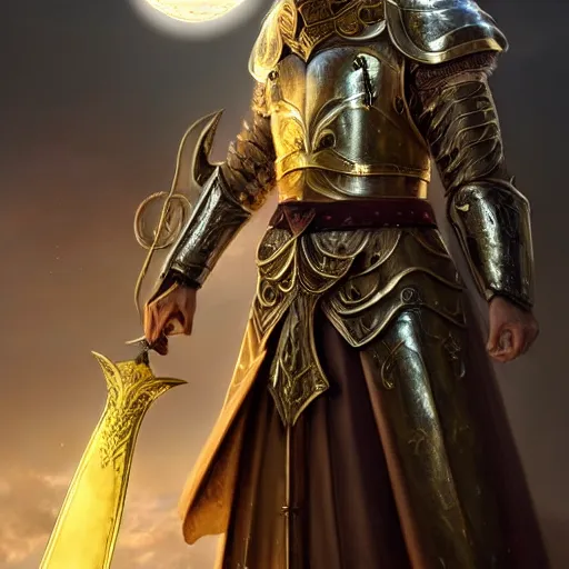 Prompt: A beautiful male cleric with long flowing blonde hair wearing burnished bronze armour emblazoned with a swan on the breastplate. Wielding a magical scimitar embossed with the phases of the moon. Magic, bright divine lighting, flux. High fantasy, digital painting, HD, 4k, detailed by Ruan Jia