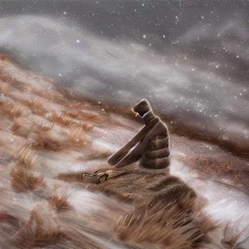 Prompt: a wide shot of a sad sniper laying on a mountain, digital art, acrylic, frost, cold, ice, scared, wind, storm, hiding, gloomy, tired,