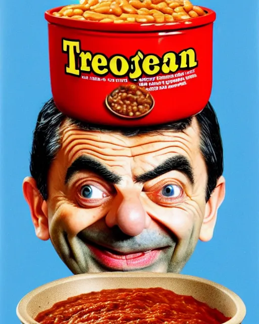 Image similar to portrait of mr bean smiling in a bowl full of baked beans, face covered in beans and tomato sauce, rowan atkinson, mr bean face, surrealist oil painting, highly detailed