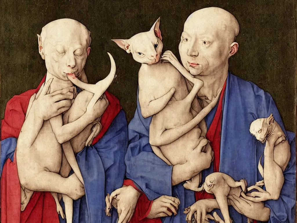 Prompt: Portrait of strange, intense albino, blue-eyed man, blonde, in a white monk robe holding a sphynx cat. Painting by Albrecht Durer, medieval illuminated manuscript