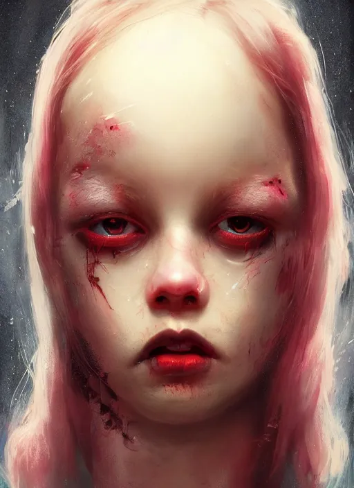 Prompt: portrait of sinister girl with pouty aerochrome lips, fungal, unforgivable, cute bandaid on nose!!, expressive eyes, full body, deathly skin, greg rutkowski, charlie bowater, yuumei, stephen gammell, unreal 5, daz, hyperrealistic, octane render, rpg portrait, dynamic lighting, fantasy art, beautiful face