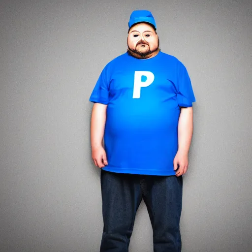 Image similar to very obese man with a t-shirt and blue cap with the letter P, holding a pencil