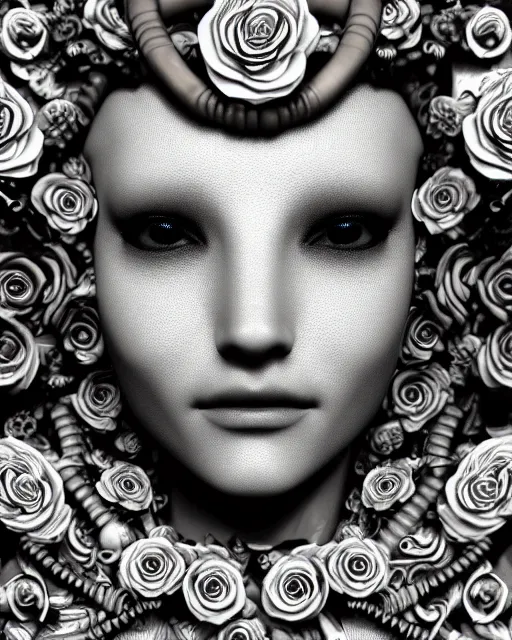 Image similar to mythical dreamy black and white organic bio-mechanical spinal ribbed profile face portrait detail of translucent steampunk beautiful female angelic-human-queen-vegetal-cyborg, highly detailed, intricate trnaslucent ivy jelly ornate, poetic, translucent roses ornate, 3D render, digital art, octane render, 8K artistic photography, photo-realistic, by Dora Maar