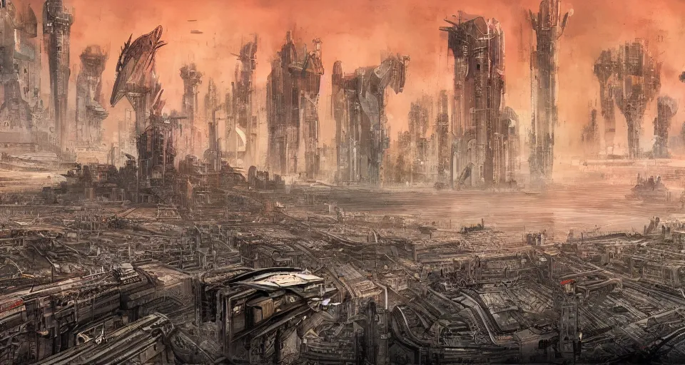 Image similar to view on futuristic city in the horizon, illustration by enki bilal, detailed, sharp, 8 k