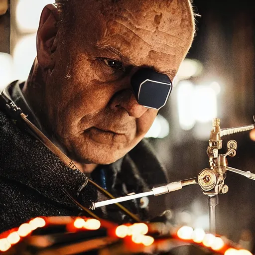 Image similar to balding older cyborg using jeweller's loupe with orange led light, inspecting complex gun made from rusted metal kitchen utensils, smoking soldering iron, dark messy cluttered workshop, highly detailed, sci - fi, futuristic, movie still from blade runner