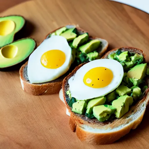 Image similar to duck egg, avocado, swiss cheese on toast. studio lighting.