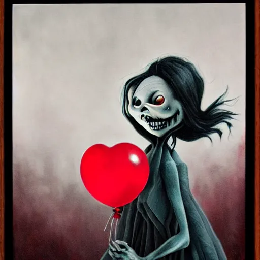 Prompt: grunge painting of creepy pasta with a wide smile and a red balloon by chris leib, loony toons style, pennywise style, corpse bride style, horror theme, detailed, elegant, intricate, Atmospheric phenomenon, conceptual, volumetric light