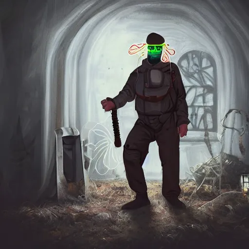 Prompt: a white man with brown hair and beard in ghost hunting outfit and gear inside a haunted house, spooky, horror, gothic, scary, proton pack, EMF meter, RGB LEDs, highly detailed, digital painting