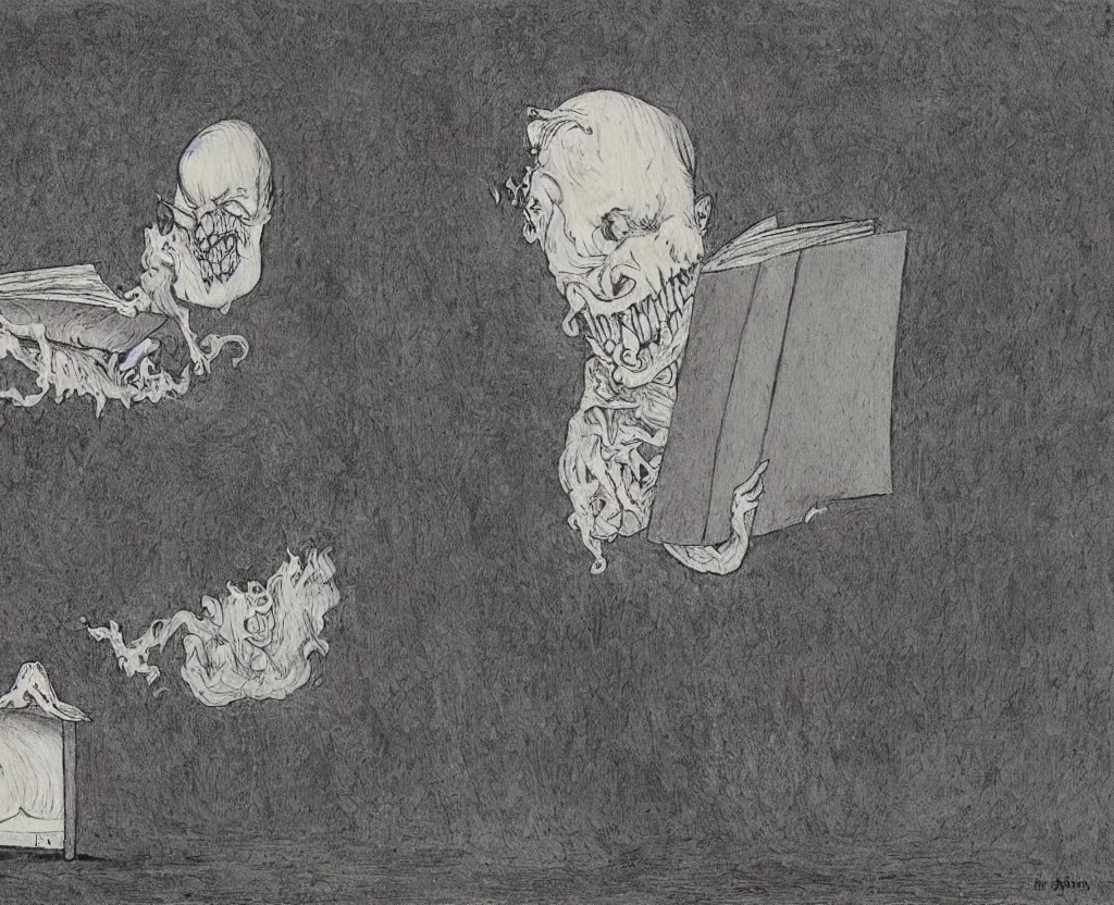 Prompt: a painting of a large book on a stand with evil vapors escaping from it, in the style of edward gorey