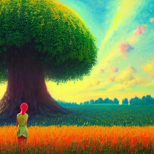 Image similar to gigantic flower head, girl standing in flower field, surreal photography, big trees, sunrise dramatic light, impressionist painting, colorful clouds, digital painting, pointillism, artstation, simon stalenhag