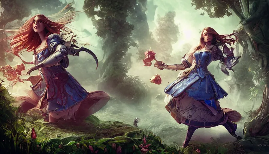 Image similar to Alice in wonderland in the aesthetic of Elden ring, wearing armor, photorealistic, artgerm, WLOP, Ross Tran