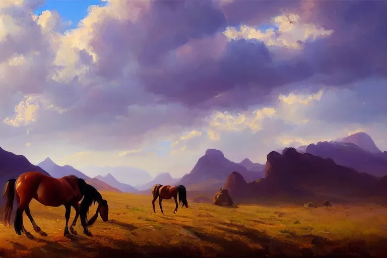 Image similar to scenic western mountain landscape with wild horses and a woman in a long white traditional dress, albert aublet, oil on canvas, beautifully lit, artstation