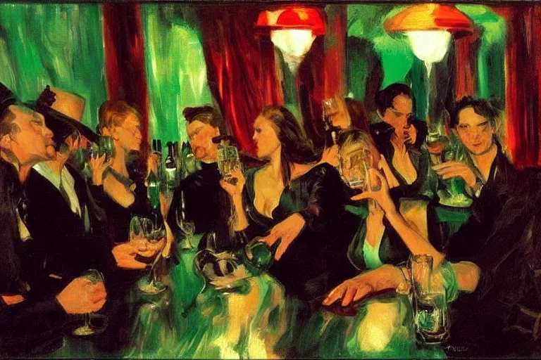 Prompt: glam rockers drinking wine, inside a green saloon with red lights by joaquin sorolla, phil hale, extremely detailed