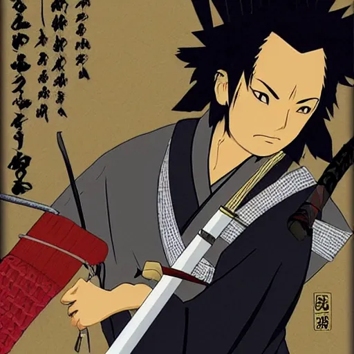 Image similar to samurai Champloo Samuel Jackson samurai walking with shiefed katana, in style of samurai Champloo anime