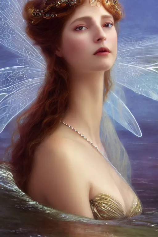 Image similar to a portrait of elegant beautiful queen of the water fairies, gossamer wings, long hair, gown made of ocean waves, illustration, dramatic lighting, soft details, painting oil on canvas, art nouveau, octane render, HDR, 4k, 8k, HD, by Edmund Blair Leighton, Brom, Charlie Bowater, faces by otto schmidt