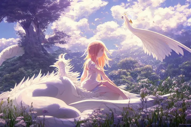 Image similar to a hyper detailed big render that a beautiful girl sitting surrounded by a huge silver white dragon alone in fairyland surrounded by white clouds, finely detailed angelic face, style of studio ghibli, makoto shinkai, xision, ilya kuvshinov and artgerm, kazuki tanahashi, james jean, animation style, golden curve composition, ultra wide angle