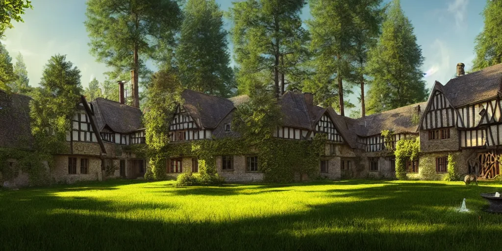 Prompt: a tudor manor house next to a pine forest, with a fishpond and courtyard, blue sky, sunny, detailed, volumetric, cinematic lighting, realistic, digital art by greg rukowski