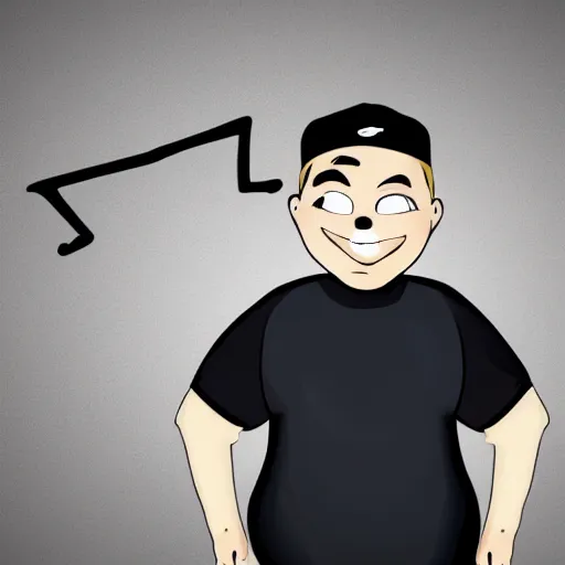 Image similar to obese young man with a t-shirt and cap with the letter P, drawing a comic