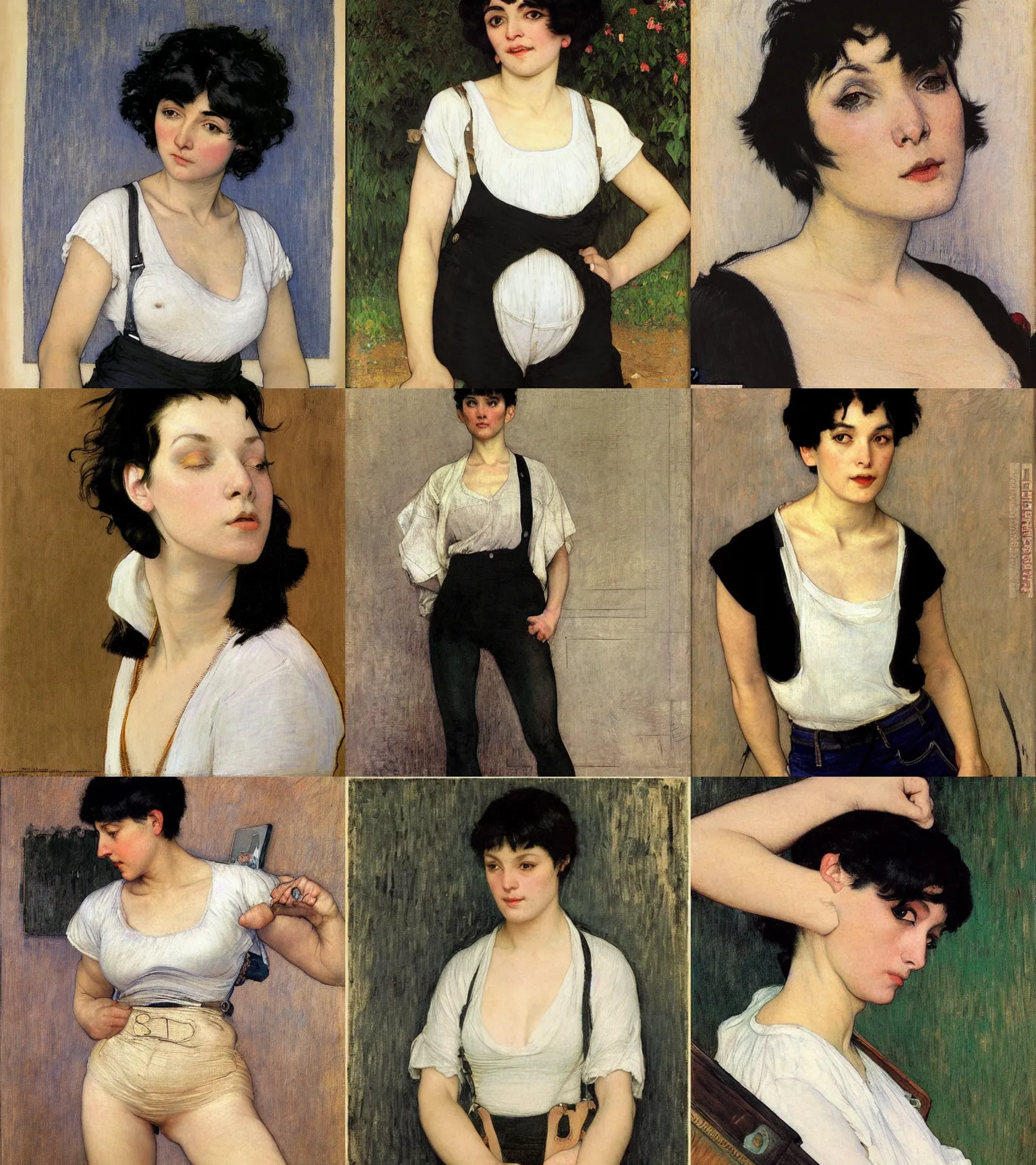 Prompt: a woman with black hair and long pixie haircut in shorts with suspenders and white t-shirt drawn by michelangelo, gustave caillebotte, Alexandre Cabanel, norman rockwell, dominique ingres, maler collier, peter paul rubens, alphonse mucha, gustav klimt 4k, unreal 5, DAZ, french noveau, trending on artstation, octane render, hyperrealistic