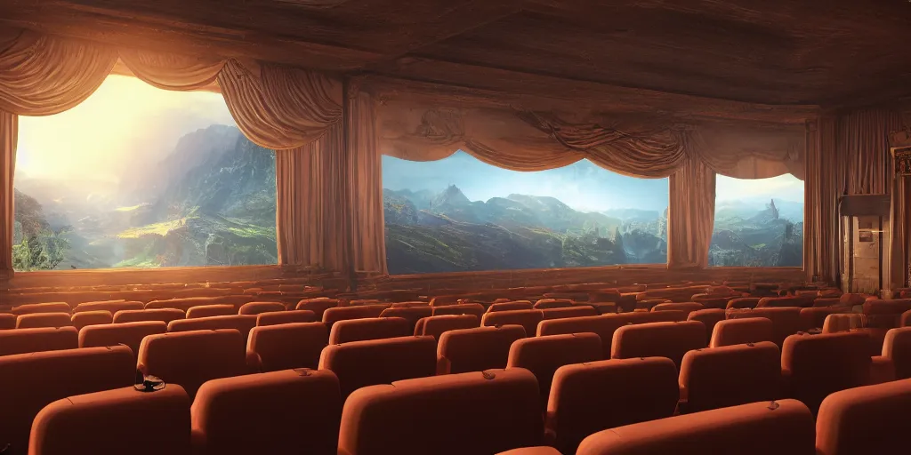 Image similar to view inside from a bioscope cinema hall, unreal 5, hyperrealistic, realistic, photorealistic, dynamic lighting, highly detailed, cinematic landscape, studio landscape, studio lighting