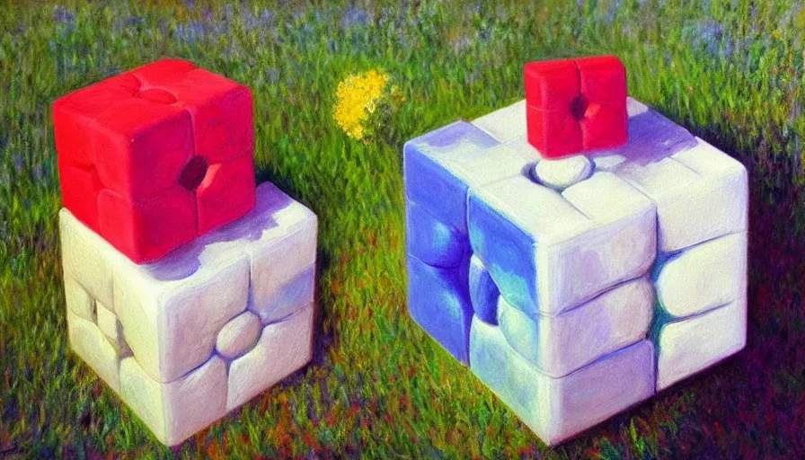 Prompt: beautiful portrait painting of companion - cube!!!!!!!!!!!! companion - cube!!!!!!!!!, monet, rhads,