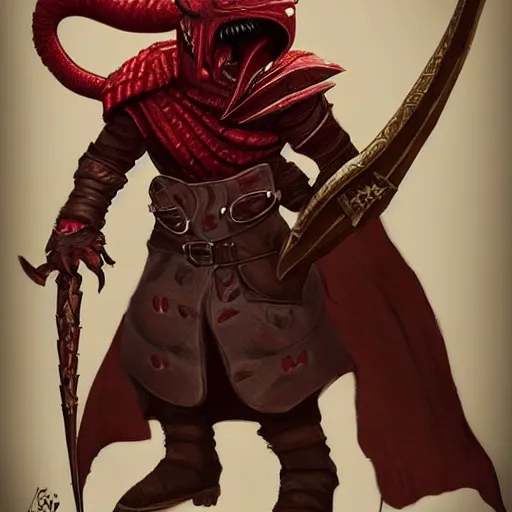 Prompt: A red D&D dragonborn wearing a hood and leather coat and holding a flintlock pistol. Profile view, Artstation